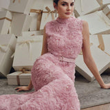 Anewsta Vestido Floral 3D de Gola Alta sem Mangas, Tecido Bordado, Vestido Cinturado Evasê, Elegante