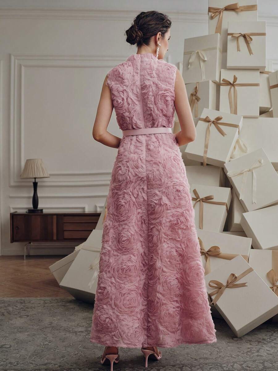 Anewsta Vestido Floral 3D de Gola Alta sem Mangas, Tecido Bordado, Vestido Cinturado Evasê, Elegante