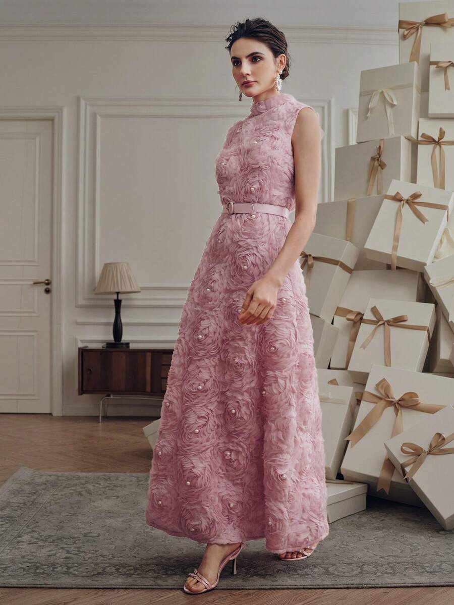 Anewsta Vestido Floral 3D de Gola Alta sem Mangas, Tecido Bordado, Vestido Cinturado Evasê, Elegante