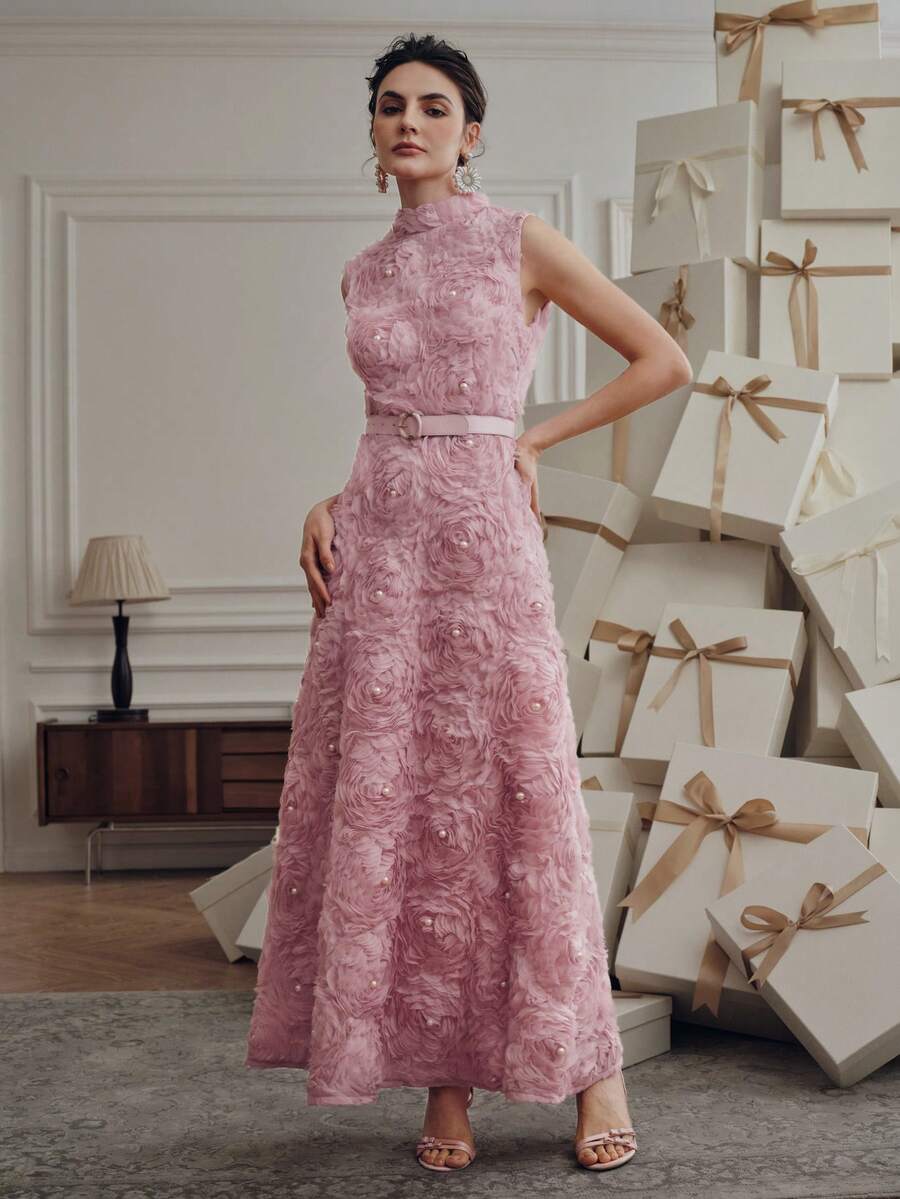 Anewsta Vestido Floral 3D de Gola Alta sem Mangas, Tecido Bordado, Vestido Cinturado Evasê, Elegante