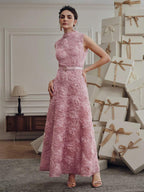 Anewsta Vestido Floral 3D de Gola Alta sem Mangas, Tecido Bordado, Vestido Cinturado Evasê, Elegante