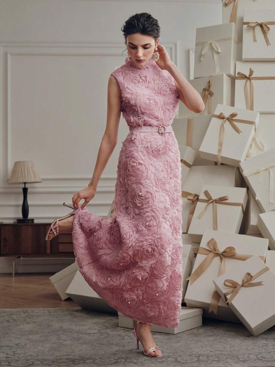 Anewsta Vestido Floral 3D de Gola Alta sem Mangas, Tecido Bordado, Vestido Cinturado Evasê, Elegante