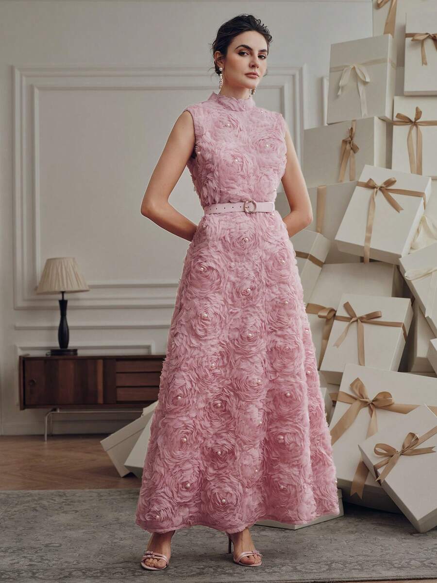 Anewsta Vestido Floral 3D de Gola Alta sem Mangas, Tecido Bordado, Vestido Cinturado Evasê, Elegante