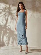 Anewsta Novo Vestido Midi Elegante com Bordado Floral Sem Mangas para Mulheres, Estilo de Férias, Costas com Fenda, Adequado para o Dia dos Namorados