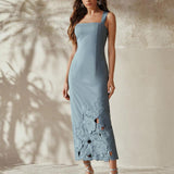 Anewsta Novo Vestido Midi Elegante com Bordado Floral Sem Mangas para Mulheres, Estilo de Férias, Costas com Fenda, Adequado para o Dia dos Namorados