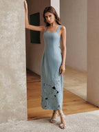 Anewsta Novo Vestido Midi Elegante com Bordado Floral Sem Mangas para Mulheres, Estilo de Férias, Costas com Fenda, Adequado para o Dia dos Namorados