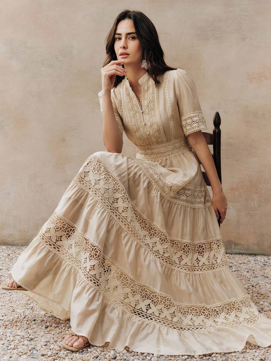 Anewsta Vestido Elegante Feminino de Manga Curta Sino com Recorte de Renda Vazada, Cintura Marcada e Gola Redonda em Cor Sólida