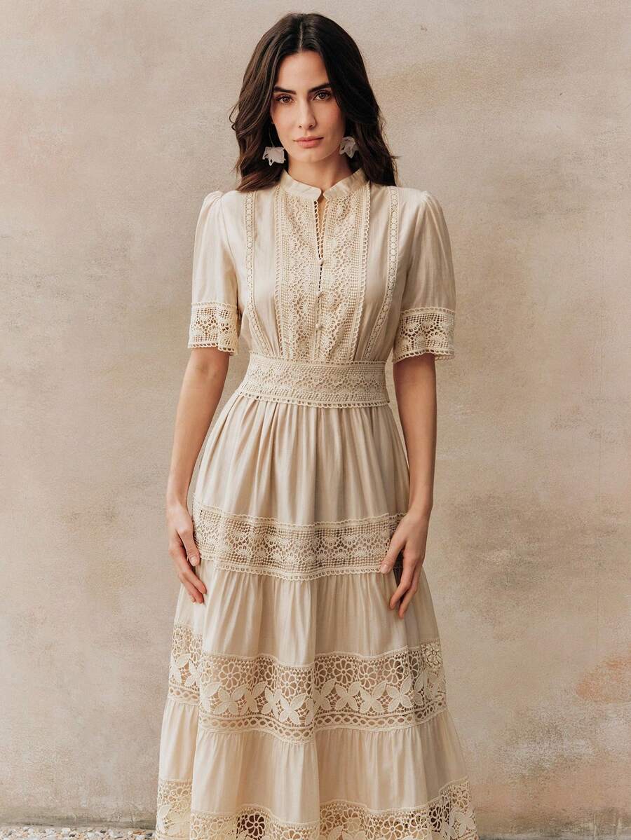 Anewsta Vestido Elegante Feminino de Manga Curta Sino com Recorte de Renda Vazada, Cintura Marcada e Gola Redonda em Cor Sólida