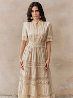 Anewsta Vestido Elegante Feminino de Manga Curta Sino com Recorte de Renda Vazada, Cintura Marcada e Gola Redonda em Cor Sólida