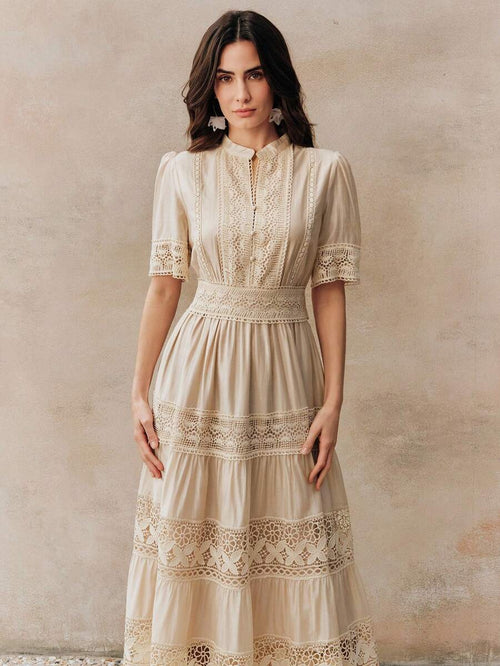 Anewsta Vestido Elegante Feminino de Manga Curta Sino com Recorte de Renda Vazada, Cintura Marcada e Gola Redonda em Cor Sólida