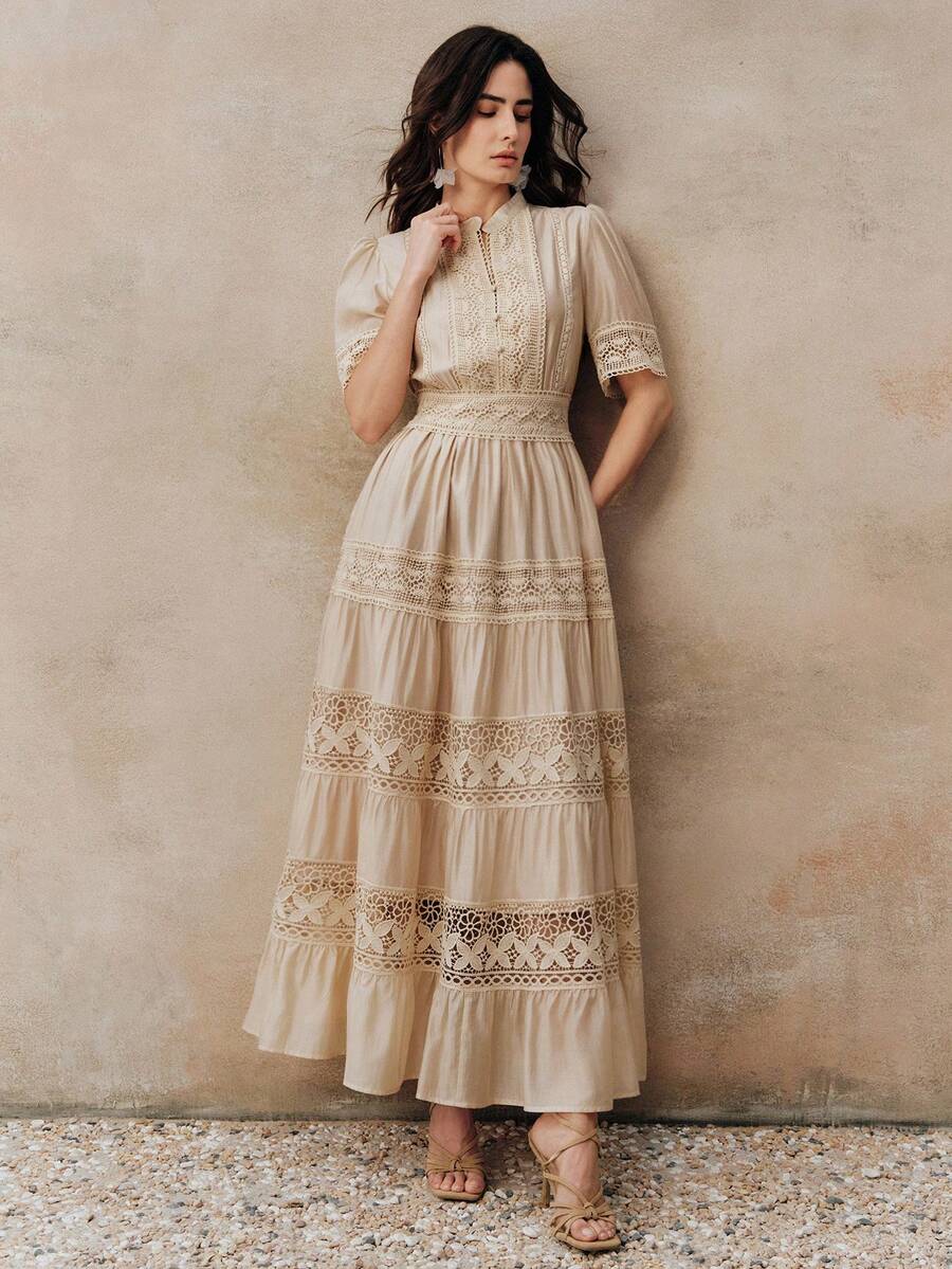 Anewsta Vestido Elegante Feminino de Manga Curta Sino com Recorte de Renda Vazada, Cintura Marcada e Gola Redonda em Cor Sólida