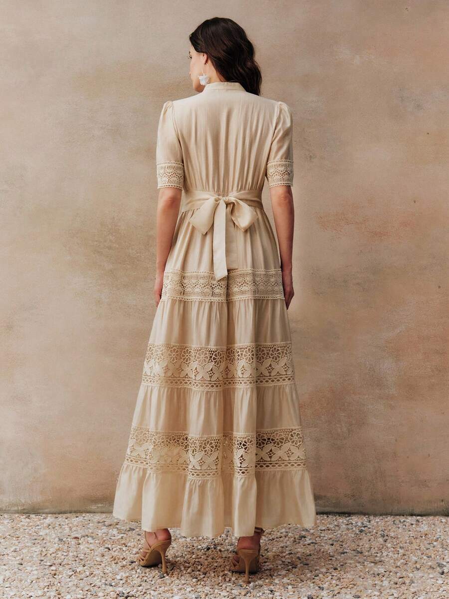 Anewsta Vestido Elegante Feminino de Manga Curta Sino com Recorte de Renda Vazada, Cintura Marcada e Gola Redonda em Cor Sólida