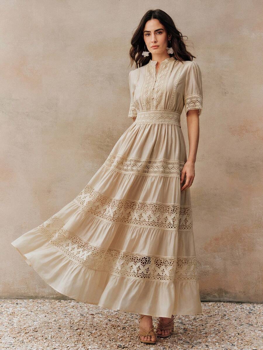 Anewsta Vestido Elegante Feminino de Manga Curta Sino com Recorte de Renda Vazada, Cintura Marcada e Gola Redonda em Cor Sólida