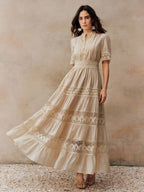 Anewsta Vestido Elegante Feminino de Manga Curta Sino com Recorte de Renda Vazada, Cintura Marcada e Gola Redonda em Cor Sólida