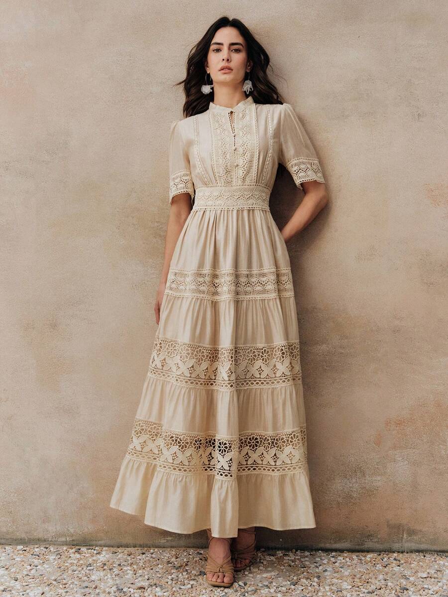 Anewsta Vestido Elegante Feminino de Manga Curta Sino com Recorte de Renda Vazada, Cintura Marcada e Gola Redonda em Cor Sólida