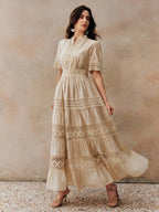 Anewsta Vestido Elegante Feminino de Manga Curta Sino com Recorte de Renda Vazada, Cintura Marcada e Gola Redonda em Cor Sólida