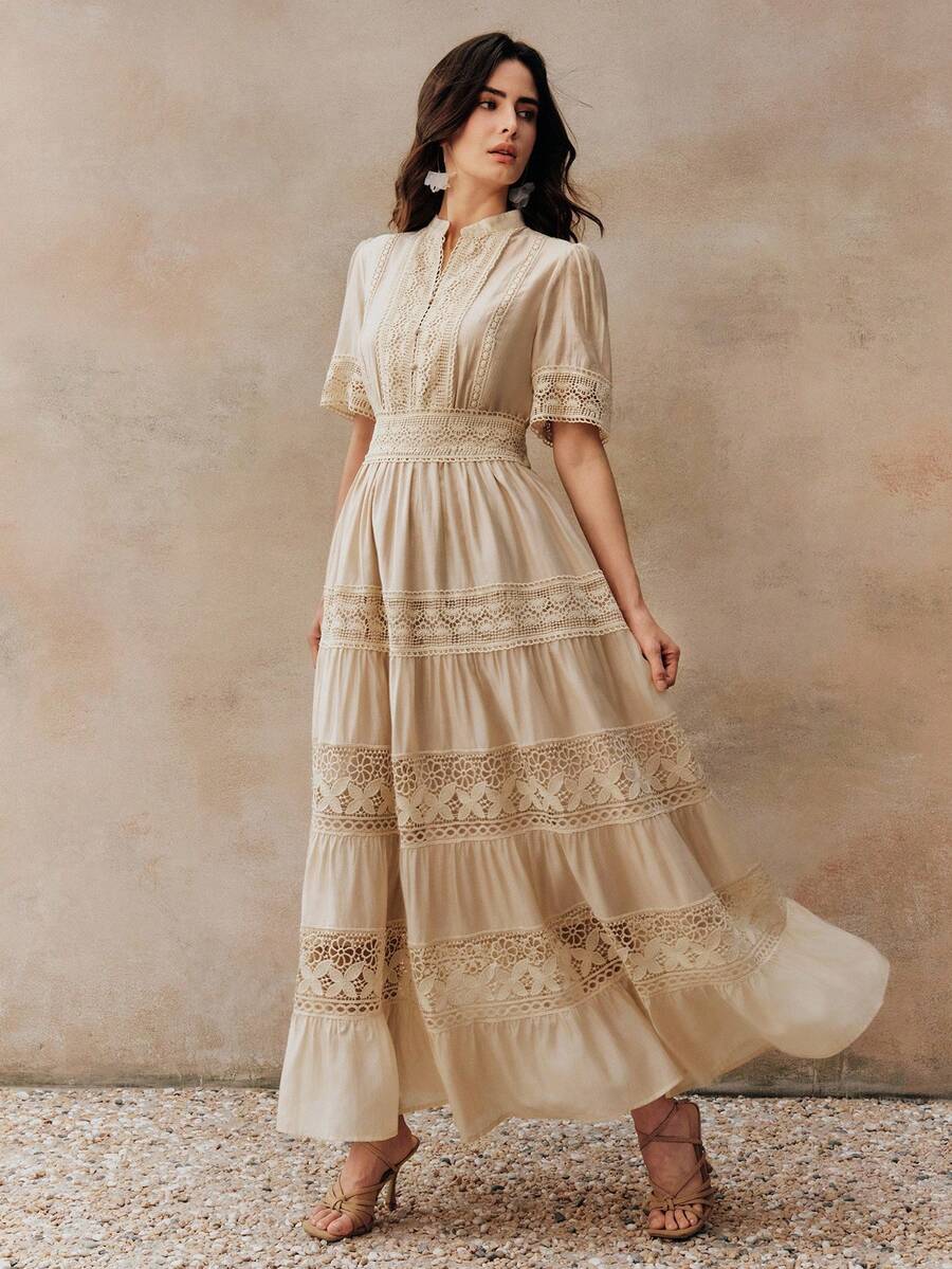 Anewsta Vestido Elegante Feminino de Manga Curta Sino com Recorte de Renda Vazada, Cintura Marcada e Gola Redonda em Cor Sólida