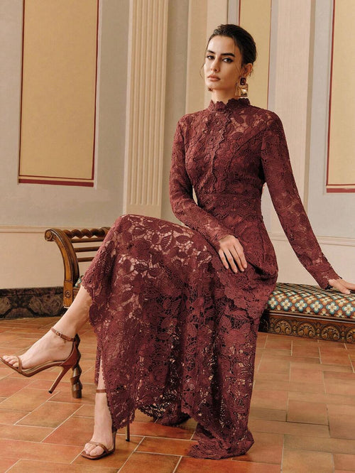 Anewsta Vestido Elegante de Festa Sexy com Recortes de Renda, Manga Longa, Costas Abertas, Modelagem Justa e Cauda de Sereia para Mulheres