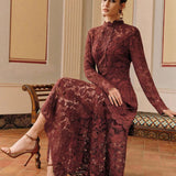 Anewsta Vestido Elegante de Festa Sexy com Recortes de Renda, Manga Longa, Costas Abertas, Modelagem Justa e Cauda de Sereia para Mulheres