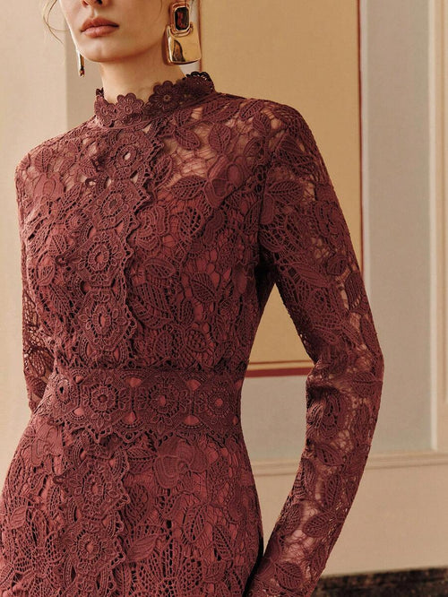 Anewsta Vestido Elegante de Festa Sexy com Recortes de Renda, Manga Longa, Costas Abertas, Modelagem Justa e Cauda de Sereia para Mulheres