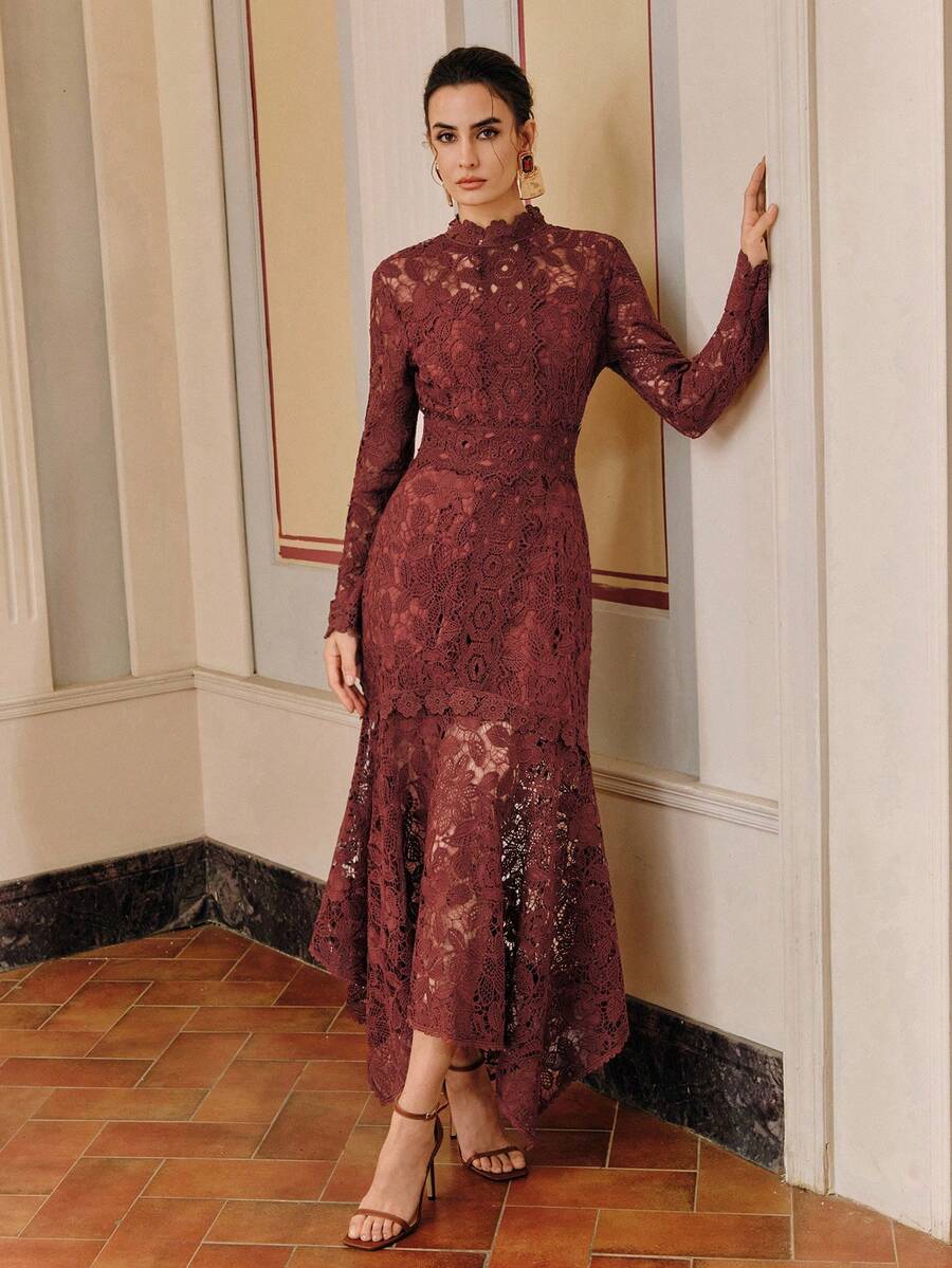 Anewsta Vestido Elegante de Festa Sexy com Recortes de Renda, Manga Longa, Costas Abertas, Modelagem Justa e Cauda de Sereia para Mulheres