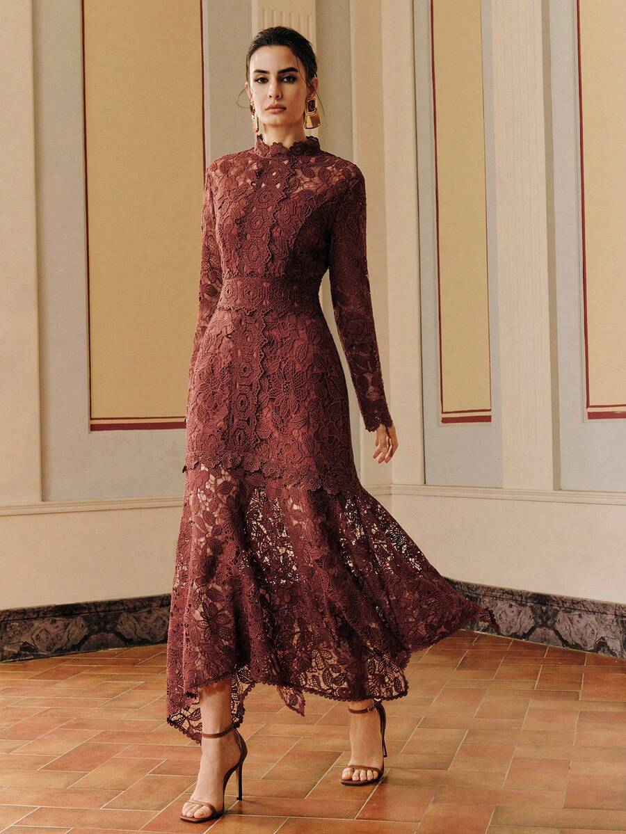 Anewsta Vestido Elegante de Festa Sexy com Recortes de Renda, Manga Longa, Costas Abertas, Modelagem Justa e Cauda de Sereia para Mulheres