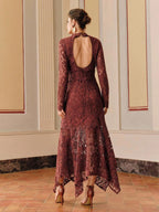Anewsta Vestido Elegante de Festa Sexy com Recortes de Renda, Manga Longa, Costas Abertas, Modelagem Justa e Cauda de Sereia para Mulheres