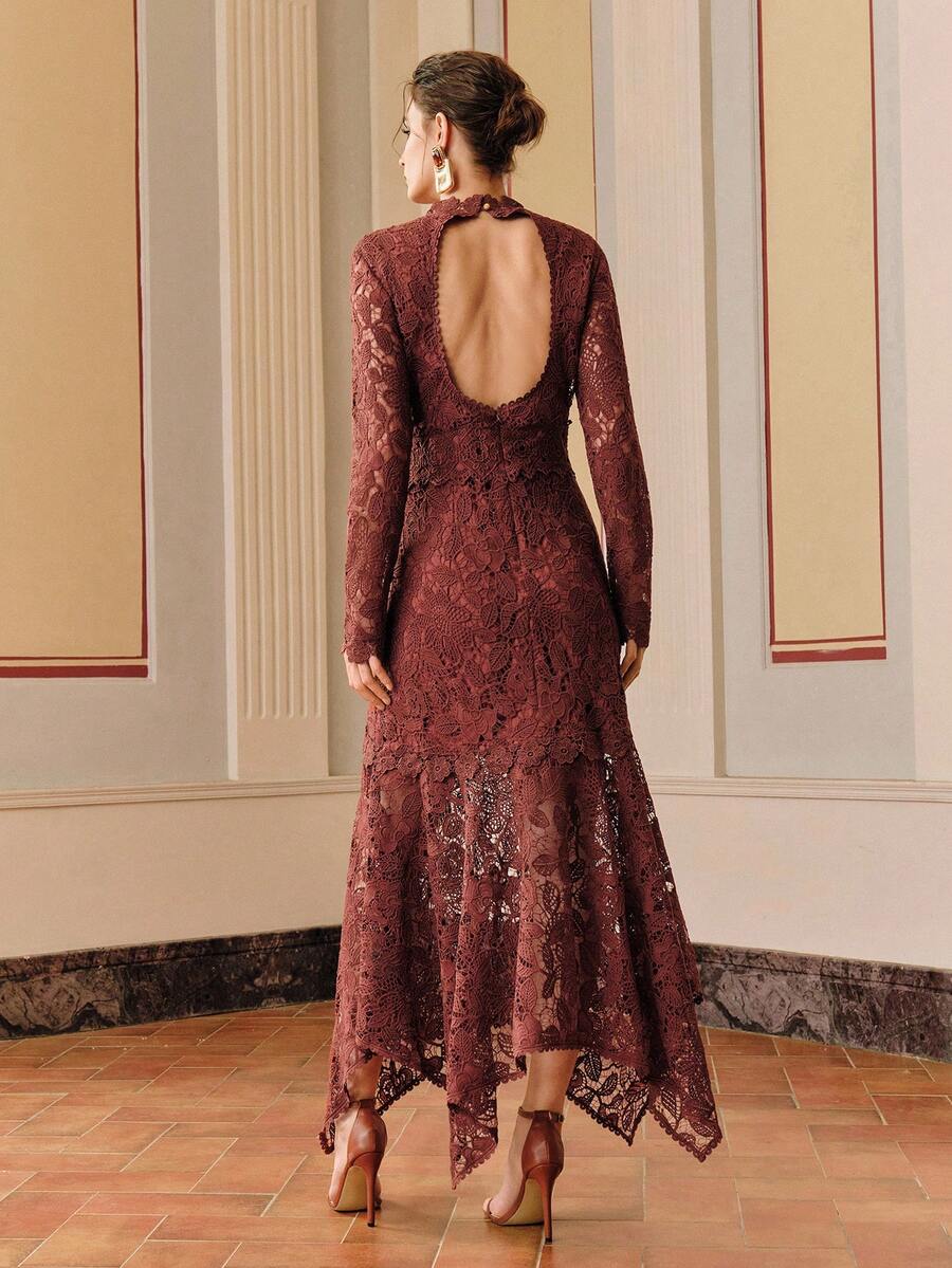 Anewsta Vestido Elegante de Festa Sexy com Recortes de Renda, Manga Longa, Costas Abertas, Modelagem Justa e Cauda de Sereia para Mulheres