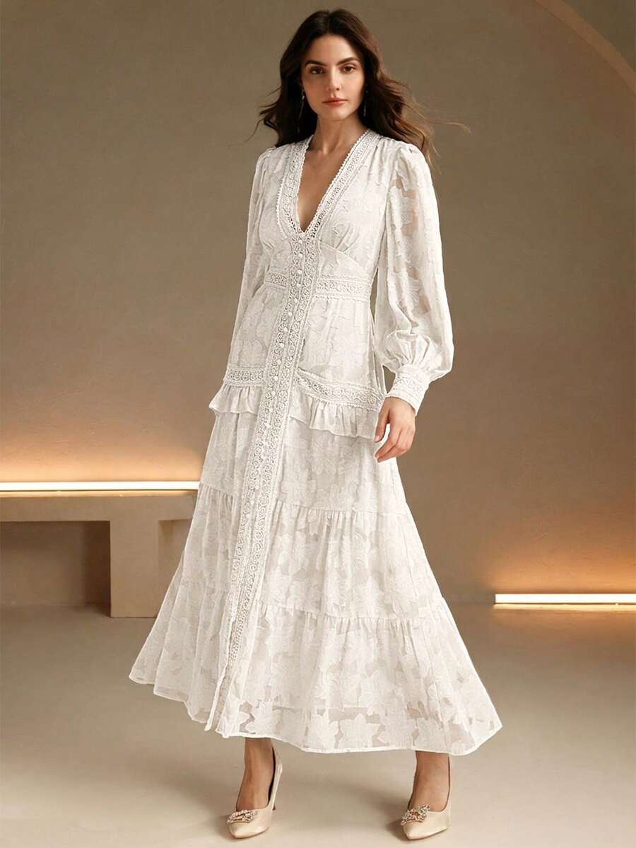 Vestido Longo Francês com Decote em V e Manga Bufante