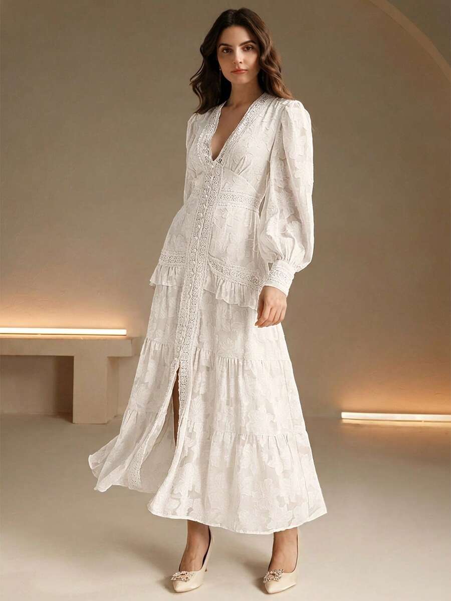 Vestido Longo Francês com Decote em V e Manga Bufante