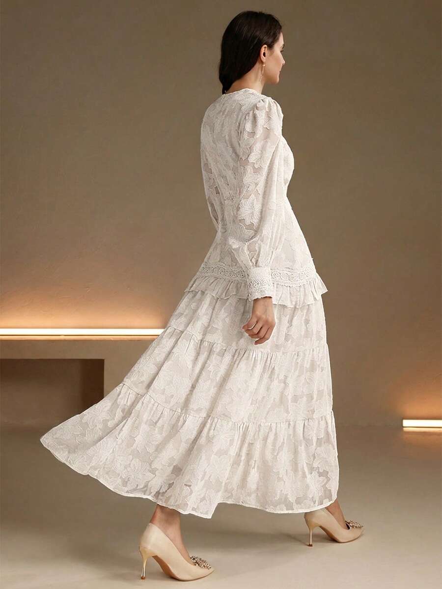 Vestido Longo Francês com Decote em V e Manga Bufante