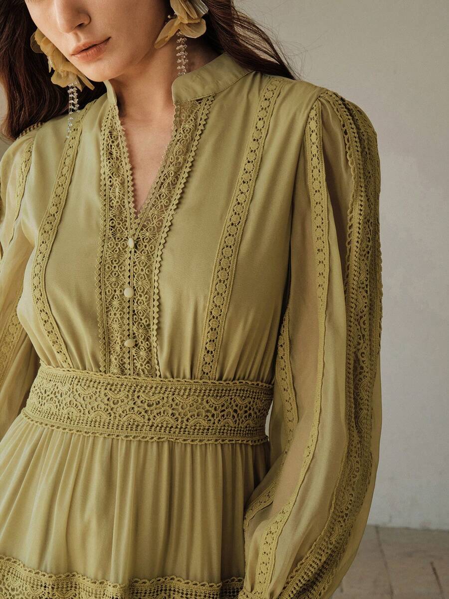 Anewsta Vestido Vintage de Manga Longa com Decote em V, Renda, Recortes na Cintura e Saia Evasê, Elegante e Afina a Silhueta