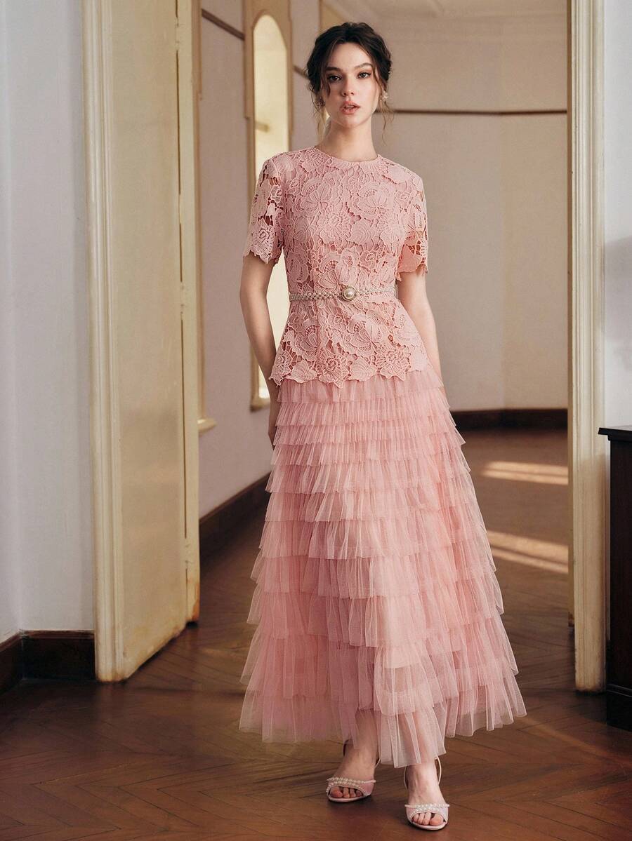 Anewsta Novo Vestido de Renda Leve e Luxuoso para Mulheres, Saia de Bolo de Princesa, Vestido Elegante de Cintura Marcada com Recortes em Tule, Primavera/Verão