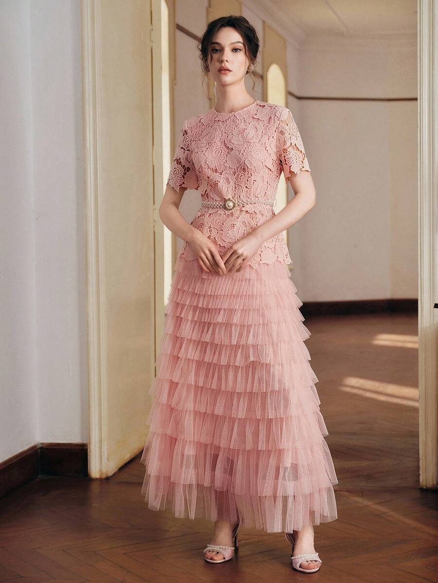 Anewsta Novo Vestido de Renda Leve e Luxuoso para Mulheres, Saia de Bolo de Princesa, Vestido Elegante de Cintura Marcada com Recortes em Tule, Primavera/Verão
