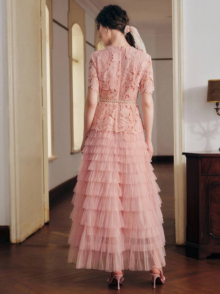 Anewsta Novo Vestido de Renda Leve e Luxuoso para Mulheres, Saia de Bolo de Princesa, Vestido Elegante de Cintura Marcada com Recortes em Tule, Primavera/Verão