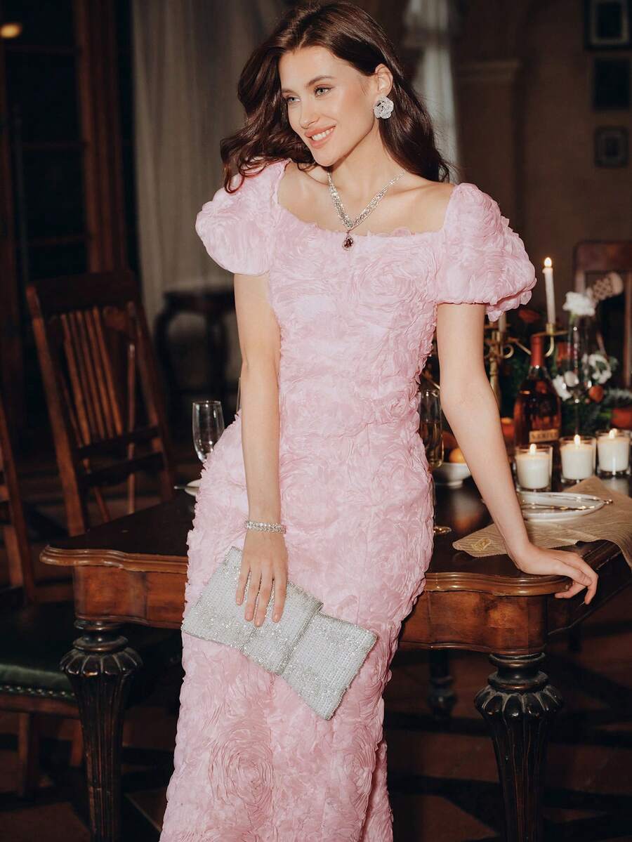 Anewsta Vestidos para Senhoras no Verão, Vestido Midi com Aplicação Floral Molly de Decote Quadrado, Vestidos Elegantes para Festa