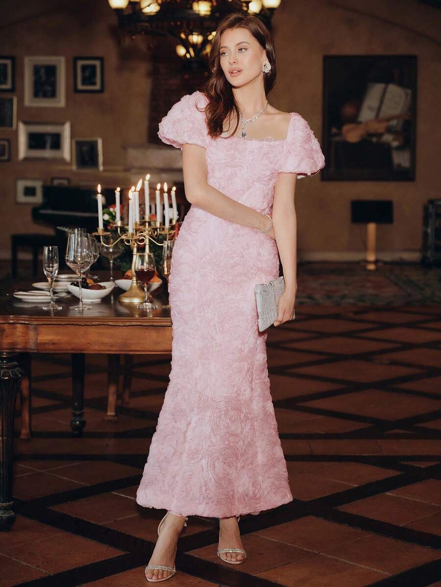 Anewsta Vestidos para Senhoras no Verão, Vestido Midi com Aplicação Floral Molly de Decote Quadrado, Vestidos Elegantes para Festa