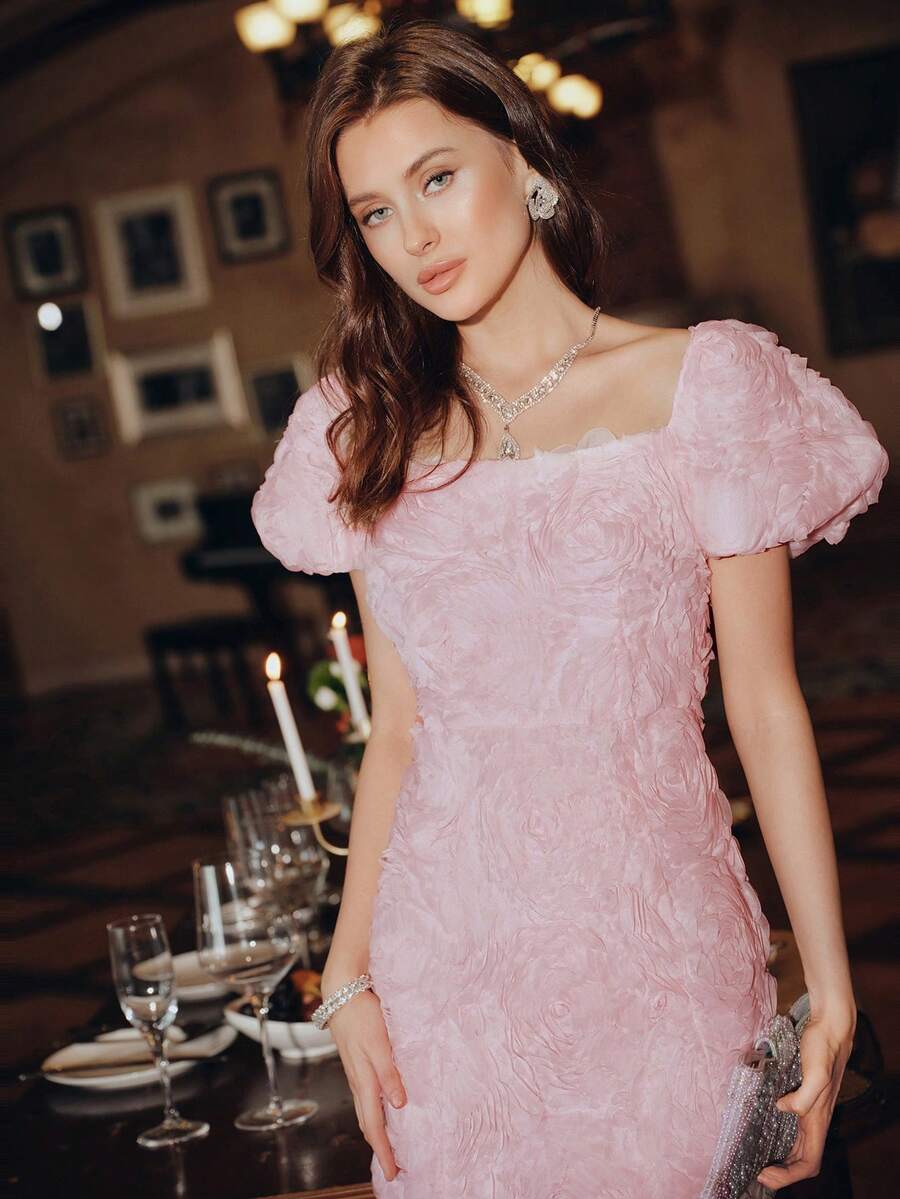 Anewsta Vestidos para Senhoras no Verão, Vestido Midi com Aplicação Floral Molly de Decote Quadrado, Vestidos Elegantes para Festa
