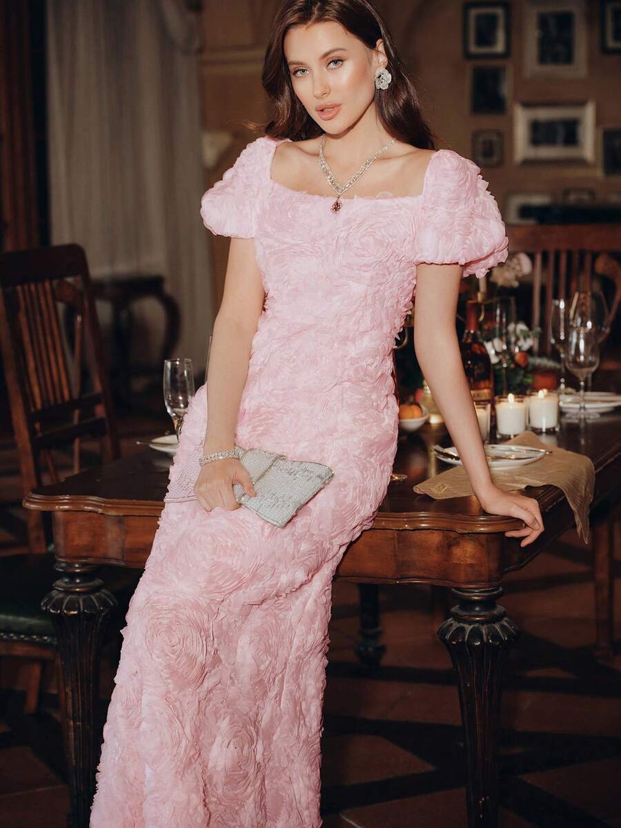 Anewsta Vestidos para Senhoras no Verão, Vestido Midi com Aplicação Floral Molly de Decote Quadrado, Vestidos Elegantes para Festa