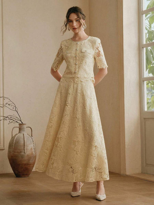 Anewsta 2 Peças Conjunto: Top Elegante de Manga Média com Gola Redonda e Detalhe de Renda com Botões na Frente