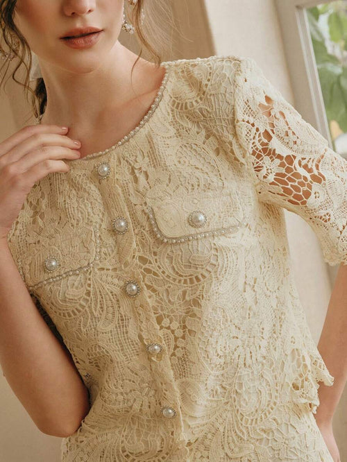 Anewsta 2 Peças Conjunto: Top Elegante de Manga Média com Gola Redonda e Detalhe de Renda com Botões na Frente