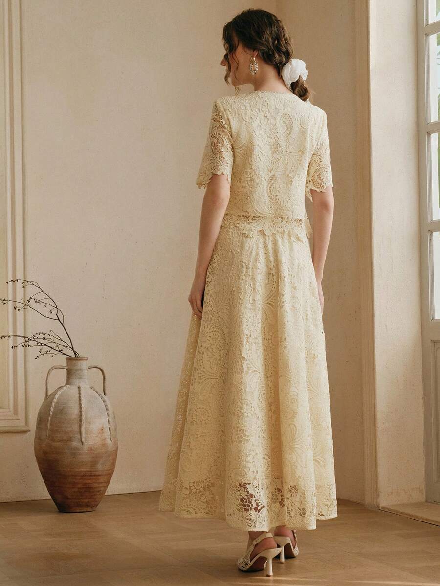 Anewsta 2 Peças Conjunto: Top Elegante de Manga Média com Gola Redonda e Detalhe de Renda com Botões na Frente