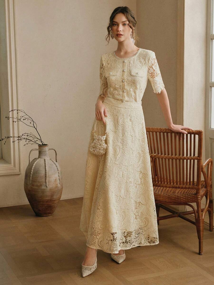 Anewsta 2 Peças Conjunto: Top Elegante de Manga Média com Gola Redonda e Detalhe de Renda com Botões na Frente