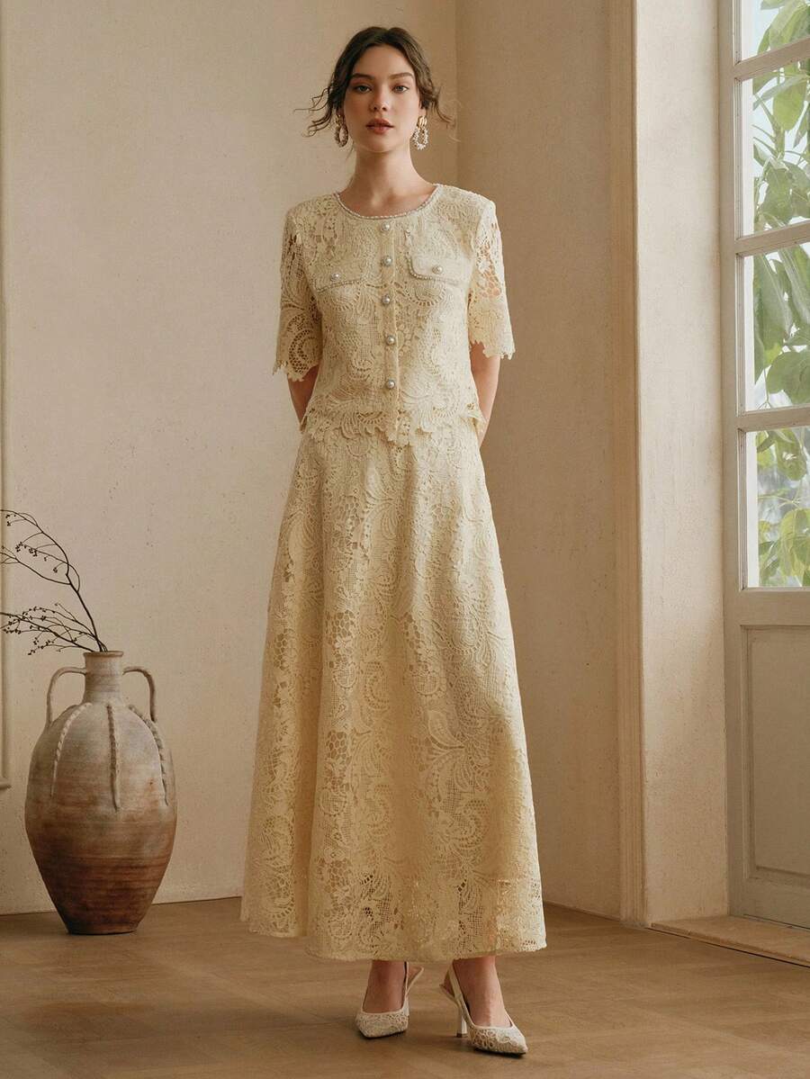Anewsta 2 Peças Conjunto: Top Elegante de Manga Média com Gola Redonda e Detalhe de Renda com Botões na Frente