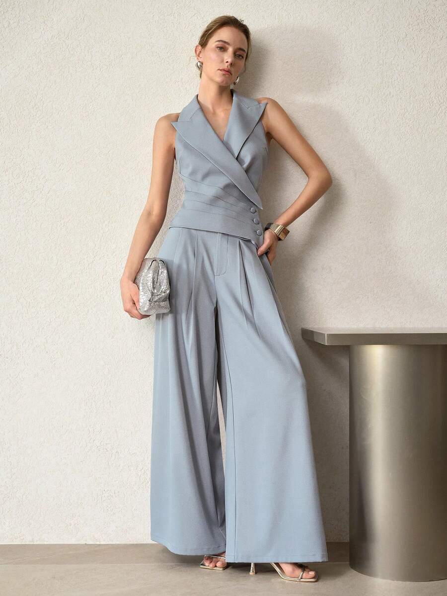MOTF PREMIUM 2 PEÇAS CONJUNTO DE COLETE AJUSTADO DE COLARINHO DE TERNO E CALÇA PANTALONA DE PERNA LARGA COM PREGAS DOBRADAS, PRIMAVERA/VERÃO