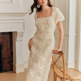 Vestido Longo Floral Decote Quadrado