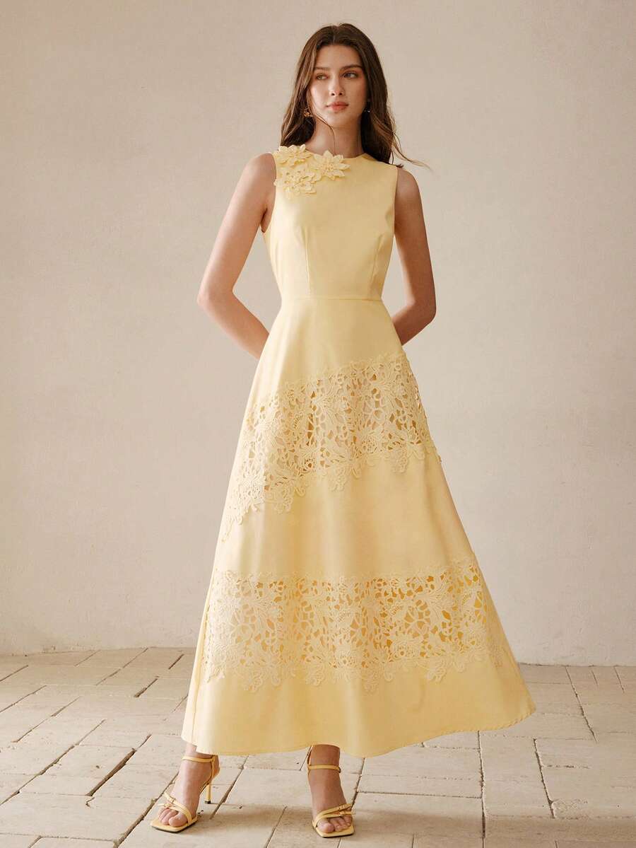 Vestido Longo Elegante com Renda Guipure Floral