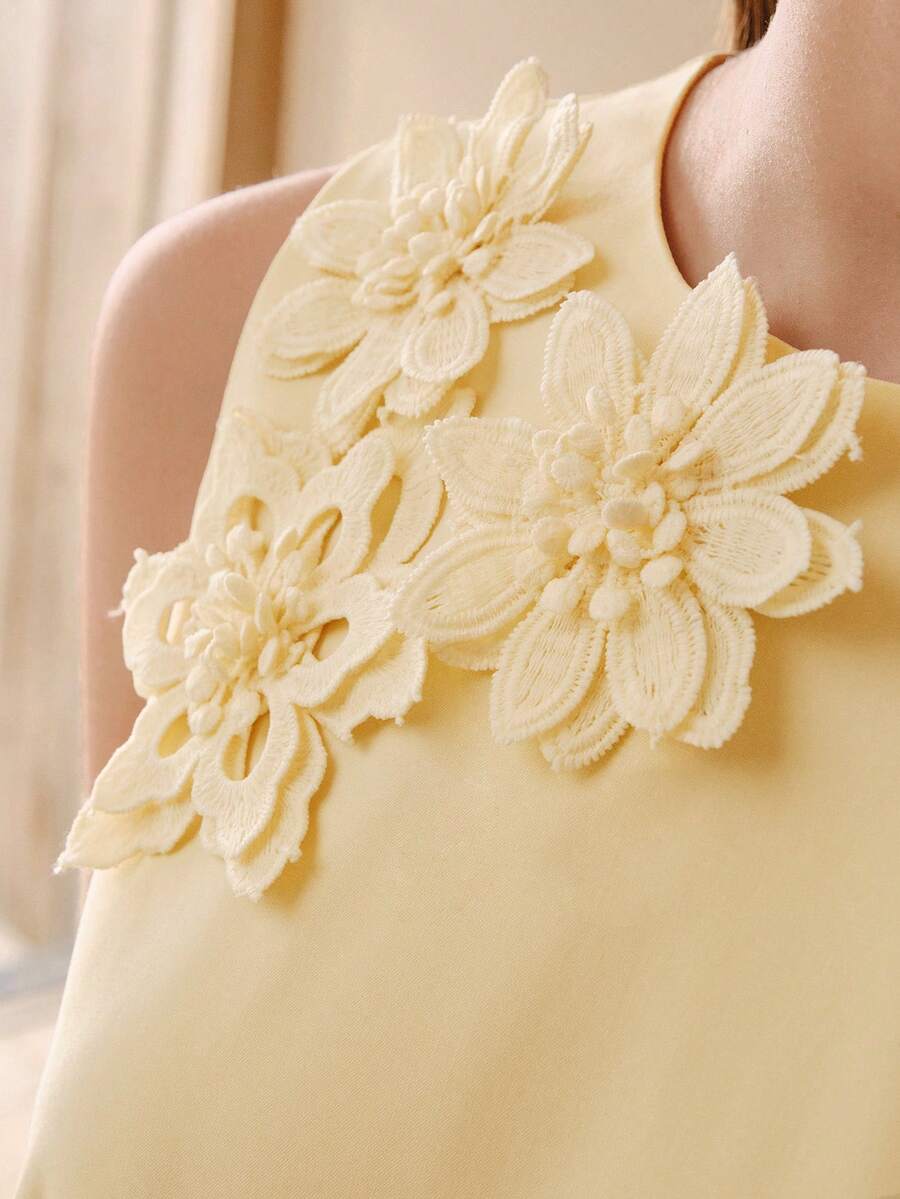 MOTF PREMIUM VESTIDO LONGO COM PATCHES DE RENDA GUIPURE FLORAL EM CONTRASTE
