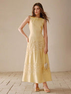 MOTF PREMIUM VESTIDO LONGO COM PATCHES DE RENDA GUIPURE FLORAL EM CONTRASTE