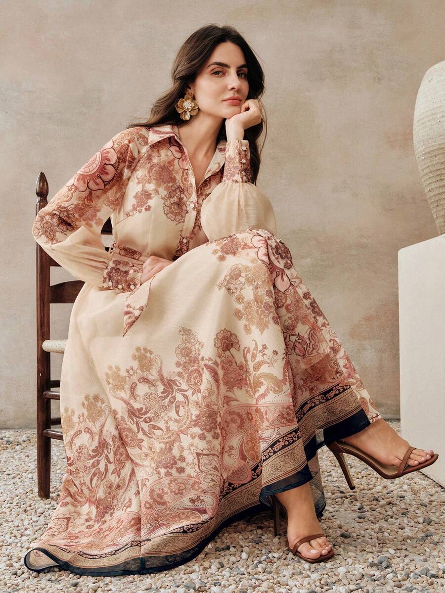 Anewsta Vestido Longo com Amarração na Cintura, Floral de Alta Qualidade em Cor Damasco, Primavera/Verão